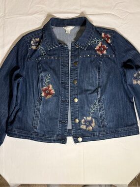 CJ Banks Indigo Denim Jacket with Red & Cream Floral Embroidery